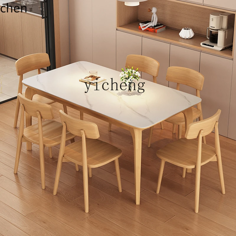 ZML Solid Wood Rock Plate Dining Table and Chairs Household Small Apartment Log Rectangular Dining Table