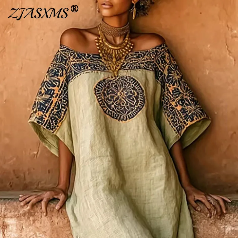 Ethnisches, sexy schulterfreies, ausgeschnittenes langes Kleid für Damen, Frühling, geometrischer Druck, Taschen, lockeres Maxikleid, Sommer, lässiges Urlaubskleid