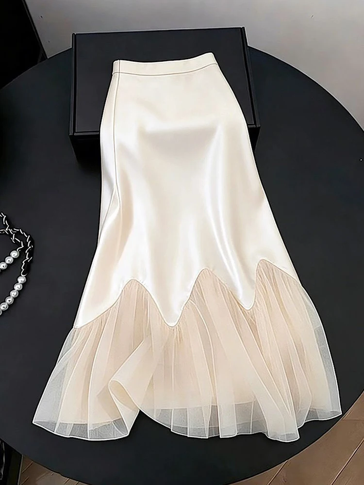 Women Elegant Satin Long Skirt Fashion Slim High Waist Mesh Patchwork Mermaid Skirts Summer Korean Casual Chic Lady Sweet Skirt