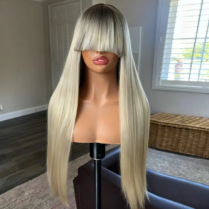 Party Daily Cosplay Ombre Creamy Platinum Blonde Balayage Wig with Bangs Synthetic Lace Front Wig Natural Preplucked Hairline