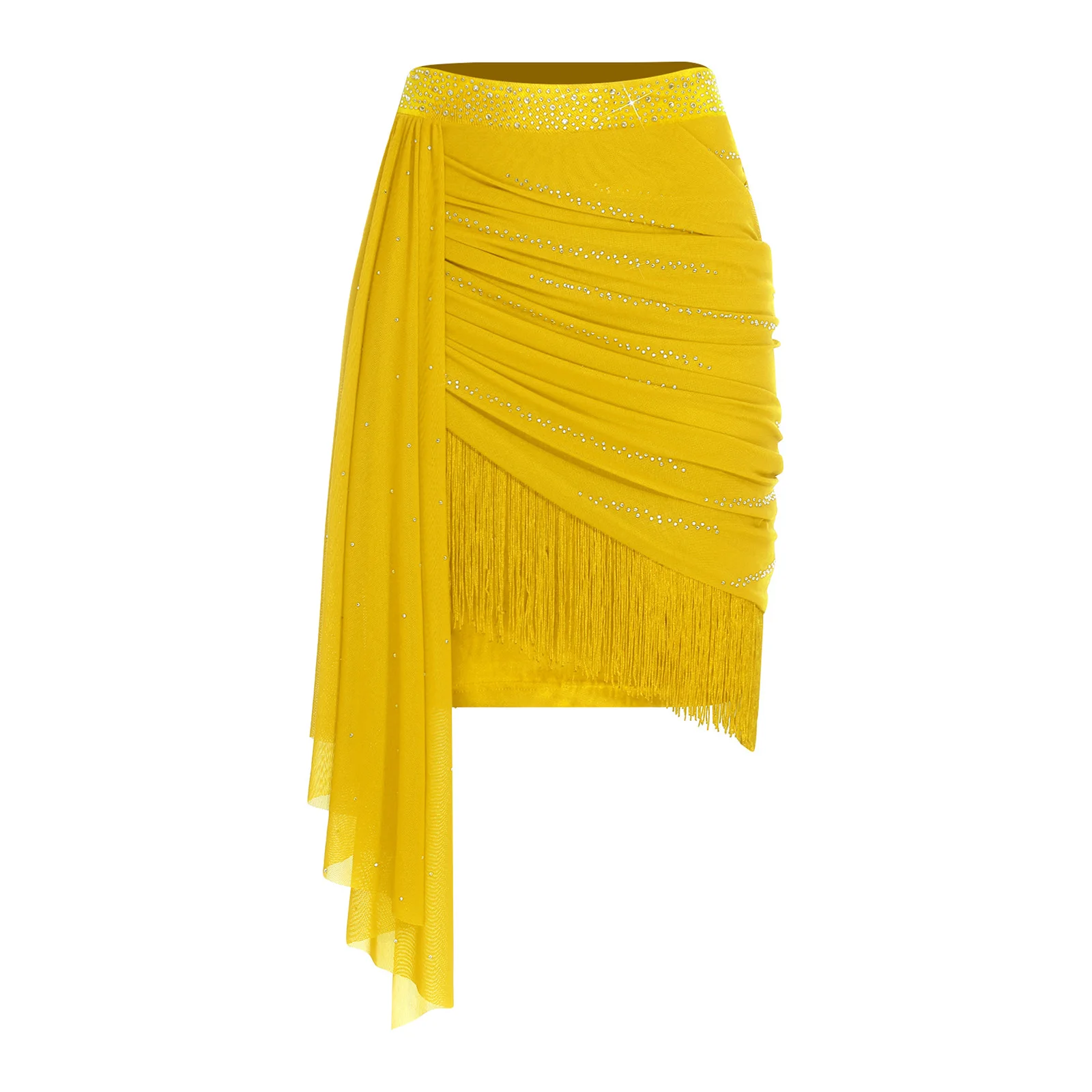 Womens Latin Dance Skirt Performance Costume Shiny Rhinestones Tassels Salsa Skirts Elastic Waistband Mesh Drape Ruched Skirt