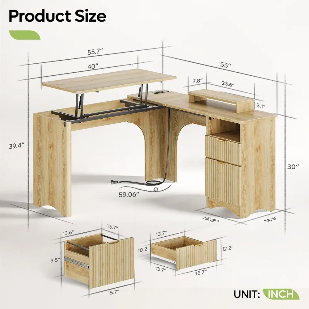 Bestier L Shaped Desk with Lift Top, 55'' Corner Desk with USB & Drawers | Modern Oak Home Office Desk Featuring Manual Sit-Stand Lift Top, 2 File Drawers, Power Outlet, And Cable Management