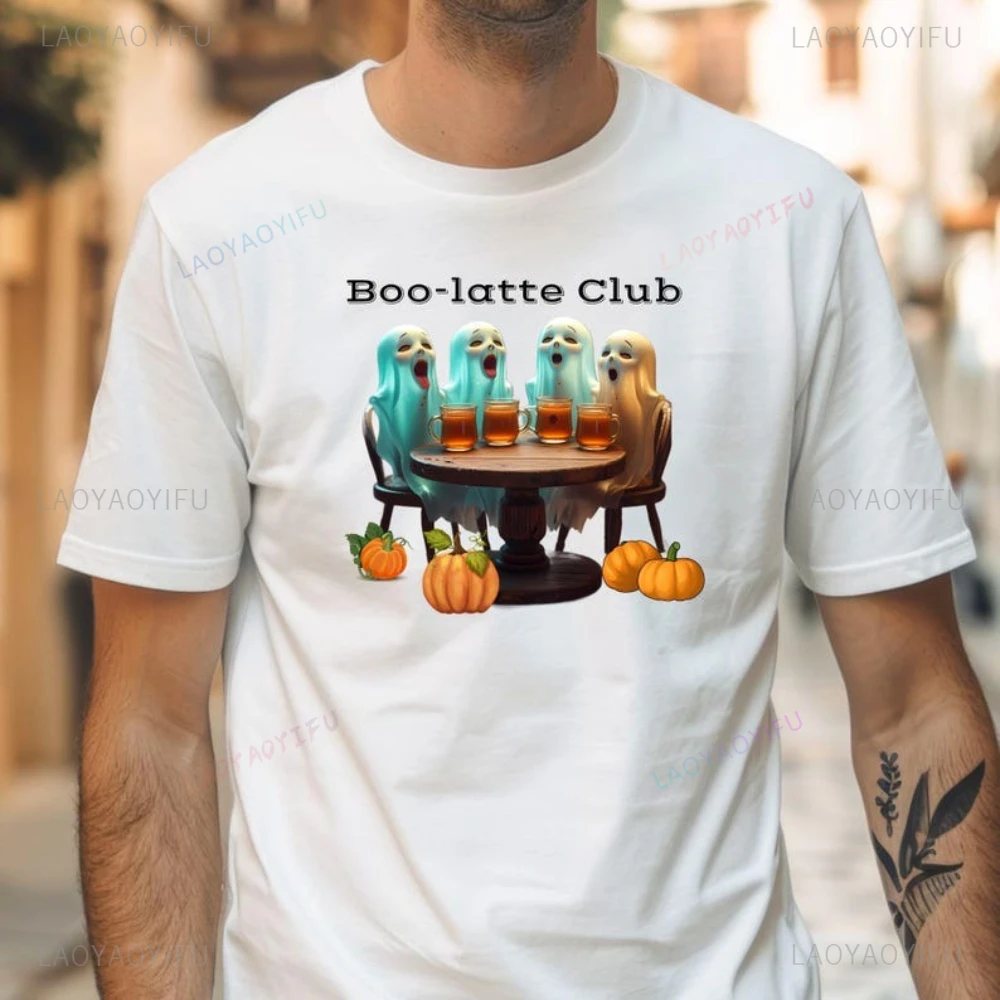 

2025 Woman Man Halloween T-Shirt Funny Ghosts At Coffee Table Club Graphic T Shirts Vintage Fashion Casual Streetwear Clothes
