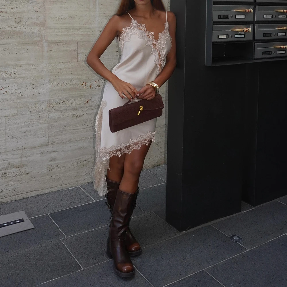 فساتين نسائية y2k مثيرة من الدانتيل الساتان الربط السباغيتي كامي صيفية بدون أكمام غير متناظرة للخروج فساتين حفلات الشاطئ #1