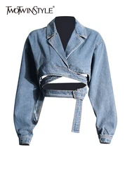 TWOTWINSTYLE Solid Streetwear Crisscross Denim Coat For Women Lapel Long Sleeve Hollow Out Patchwork Belt Casual Jackets Female