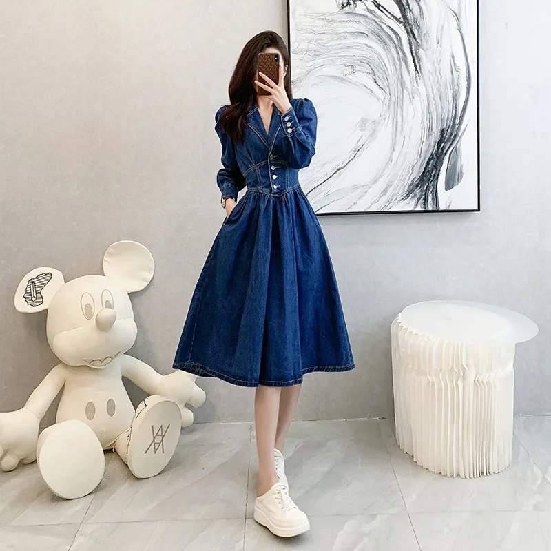 In Stock Elegant V-neck Backless Denim Dress Women's Elastic and Waisted Slimming Long Dress High-End Long Sleeve