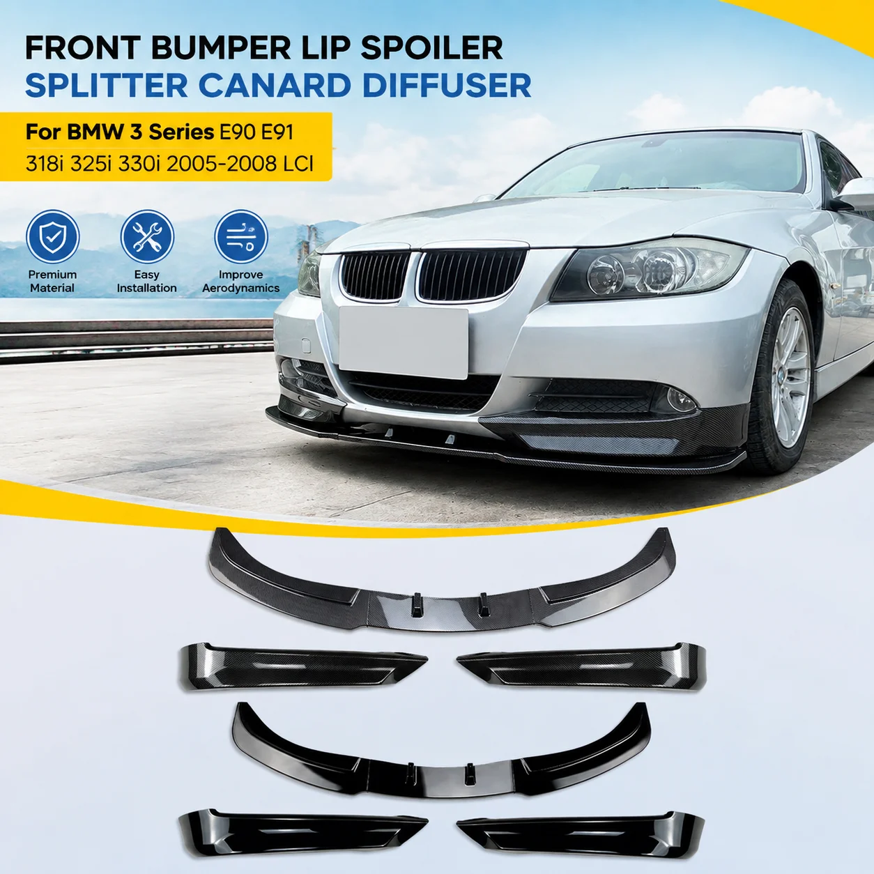 Car Front Bumper Lip Spoiler Splitter Canard Diffuser for BMW 3 Series E90 E91 318i 325i 330i 2005 2006 2007 2008 LCI Tuning