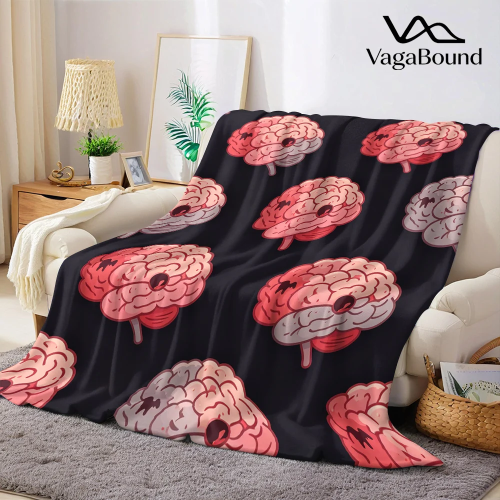 Cute Cartoon Zombie Brains Flannel Blanket Warm Soft Halloween Christmas All-Season Couch Decorative Cozy Warm Gift
