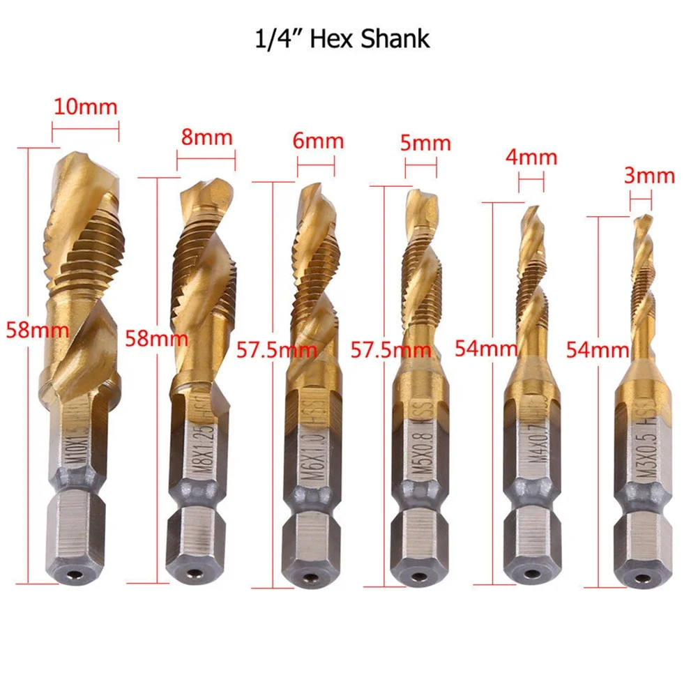 12pcs Tap Drill Bit To M10  Titanium Plated Hex Shank HSS Screw Thread Metric Compound Tap Hand Tools For Metal Wood