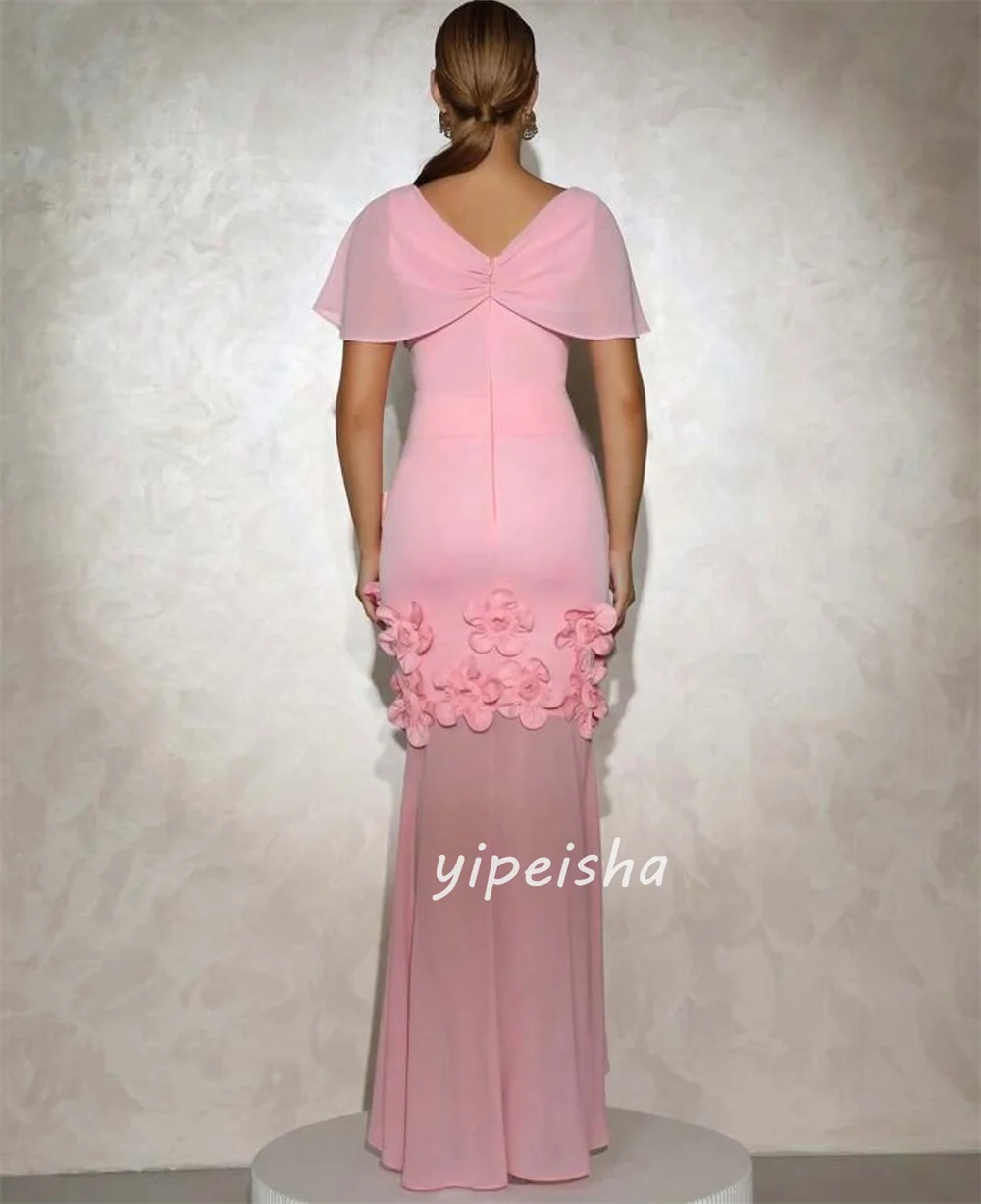 Customized Modern Style Classic Chiffon Handmade Flower Pleat Column Scoop Neck Ankle Length Dresses Bespoke Occasion Dresses