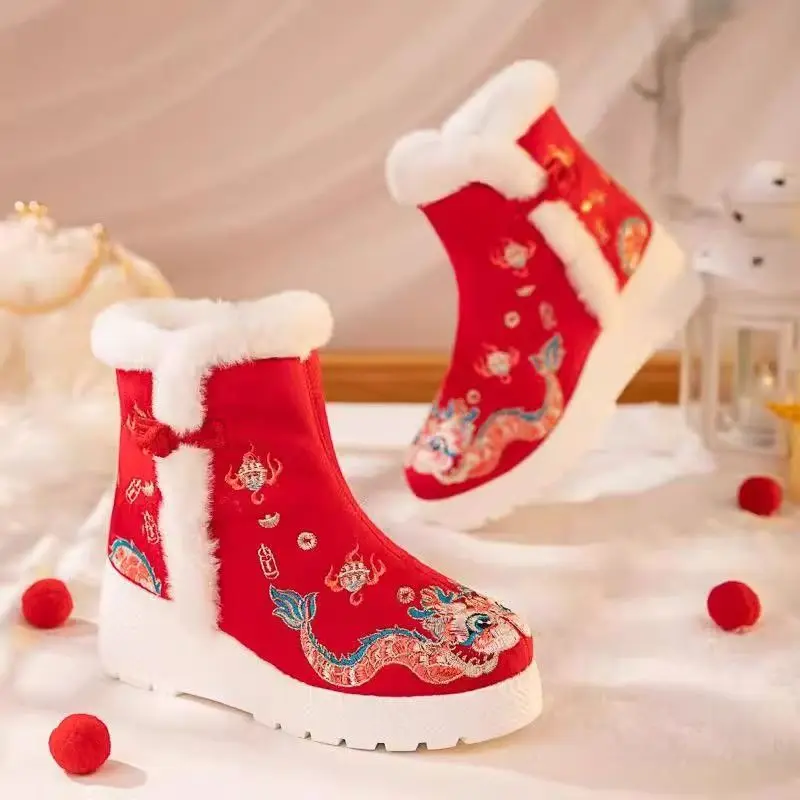 Women's Ethnic Style High Top Embroidered Cotton Boots Thick Sole Plush Warm Slip On Red New Year Boots Round Toe Snow Boots