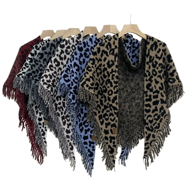 Retro Leopard Print Tassel Scarf Knitted Wool Blend Women's Shoulder Wrap Warm Fashionable Triangular Scarf for Autumn Winter