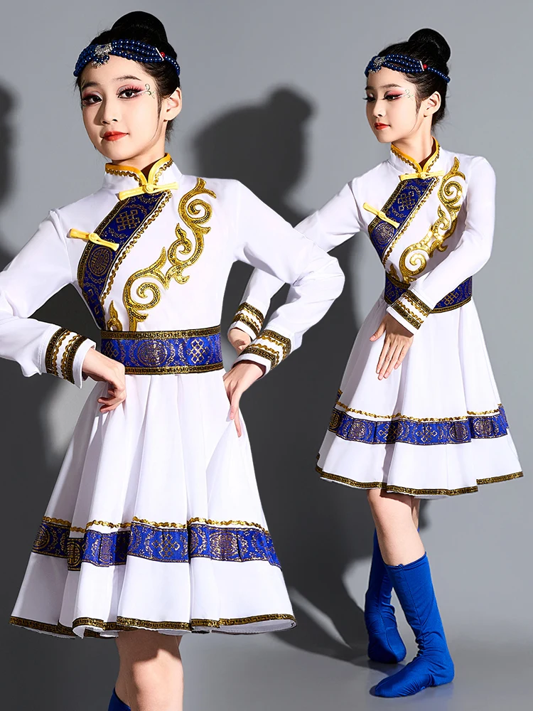 

Новый детский костюм для монгольских танцев, белая этническая одежда для девочек, летний костюм для танца с палочками