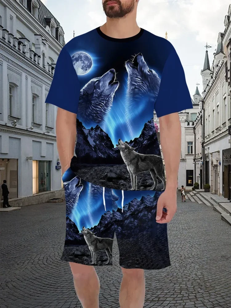 

3D Wolf Pattern Printing Summer Casual Round Neck Men's Short-sleeved Suit Short-sleeved T-shirt and Shorts Two-piece Set