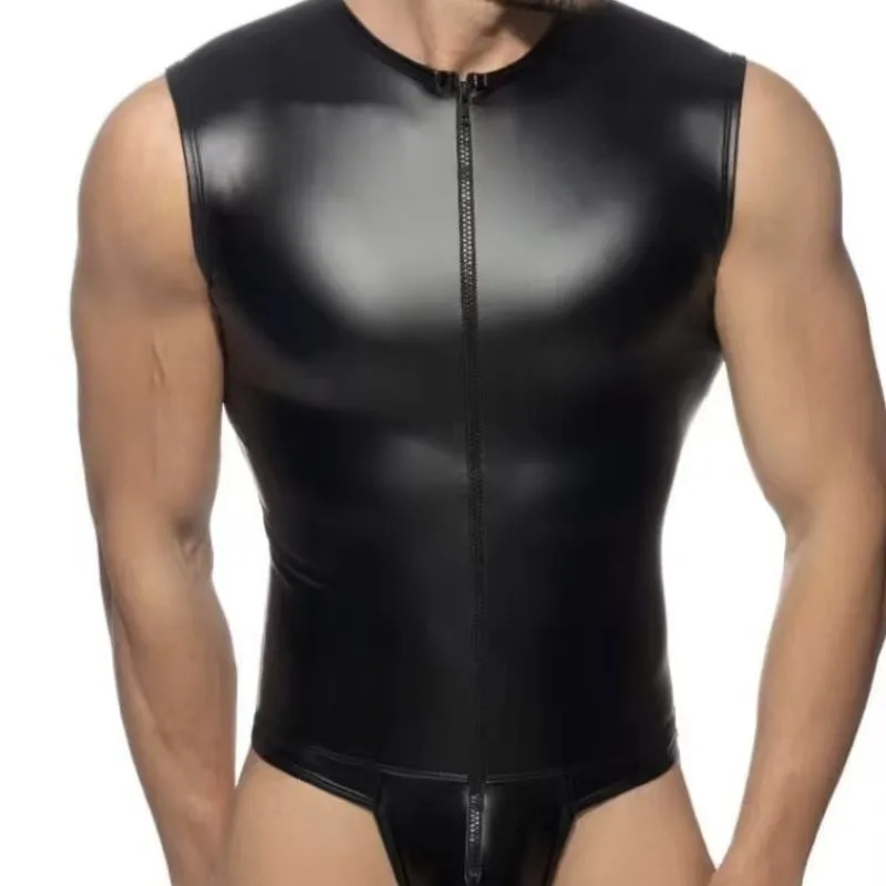 

Мужской боди-комбинезон из блестящей искусственной кожи (S-XXL) с молнией спереди, без рукавов, сексуальный облегающий топ-футляр, утягивающий корректирующий комбинезон-тедди