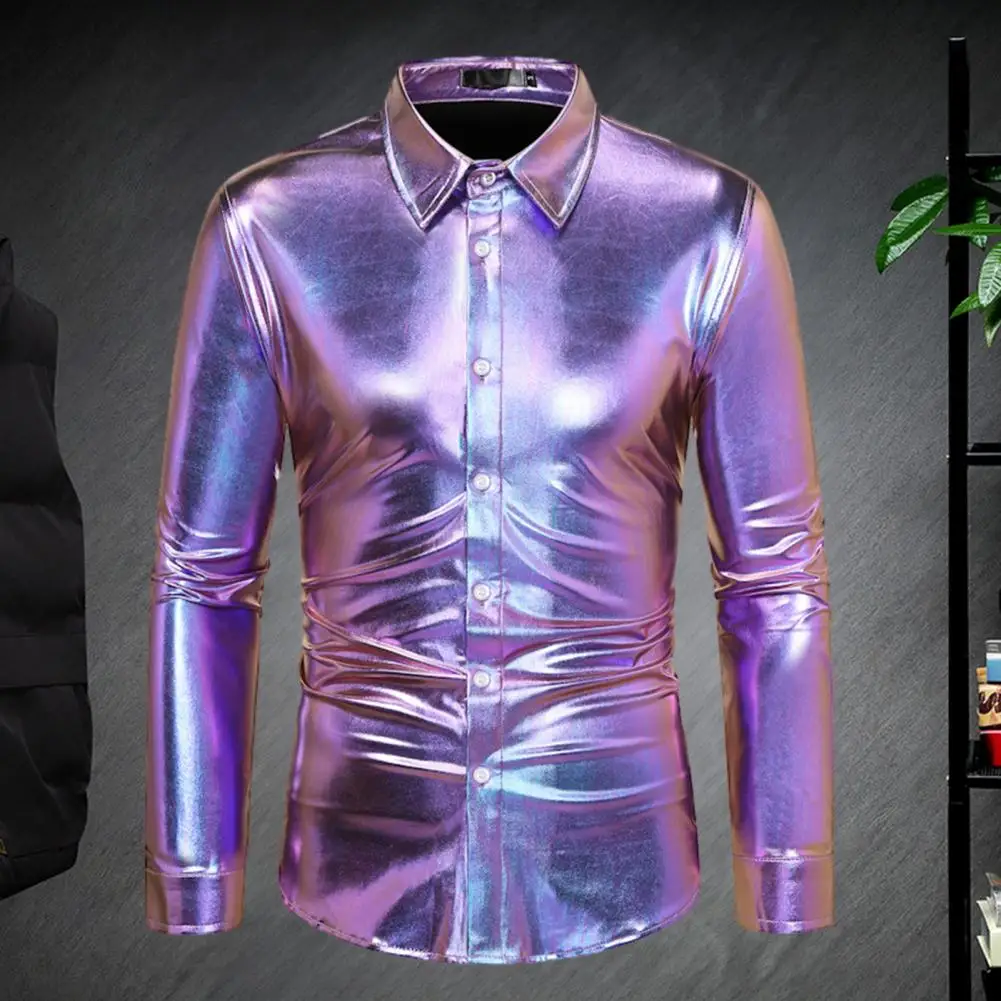 Lapel Long Sleeve Shirt Sequin Disco Shirt for Men Shiny Golden Long Sleeve Party Costume with Lapel Button Down for Christmas