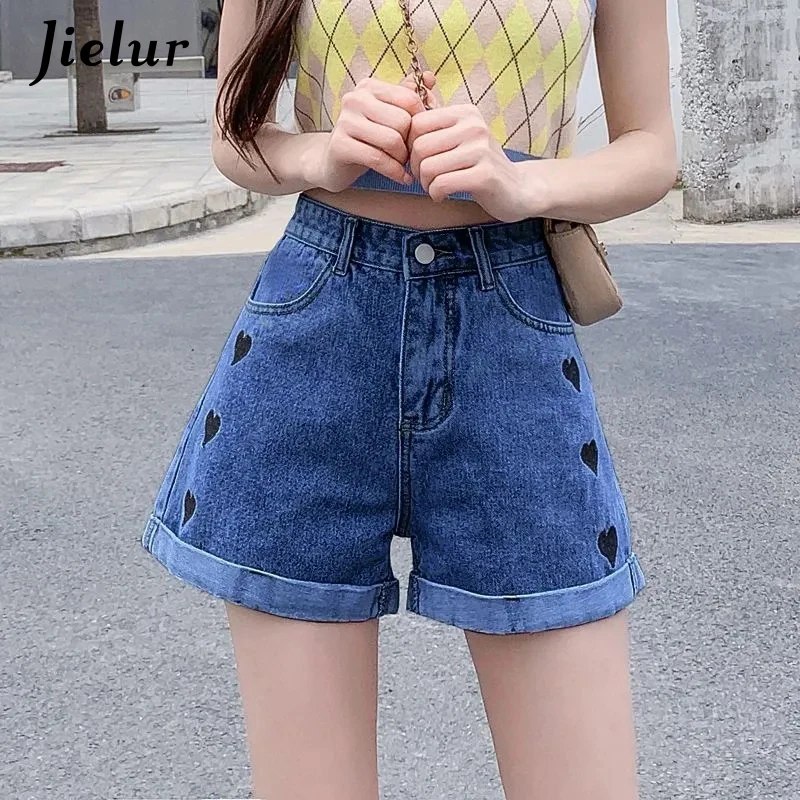 Summer Love Embroidery Loose Jeans Women High Waist Blue Denim Shorts Students Cuffs Pockets Shorts for Women XS-2XL