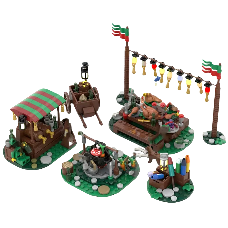 

500-Piece MOC Forest Festival Gift Pack - Building Beer Stand, Trolley, Banquet Table, Bonfire, Fireworks, & Holiday Lights, Cre