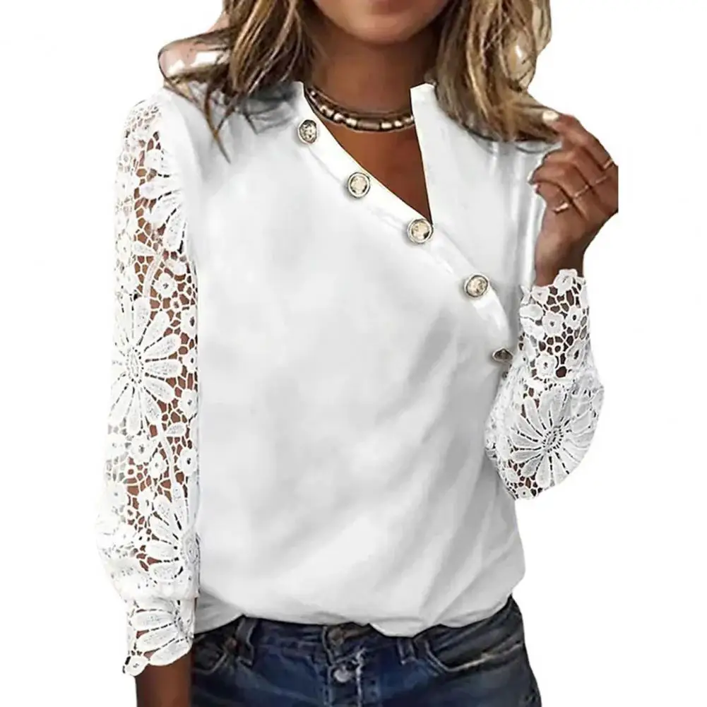 Mulheres Botão Placket Lace Patchwork Flor Impressão Mangas Compridas Crochet Lace Oco Pullover Feminino Top Vestuário