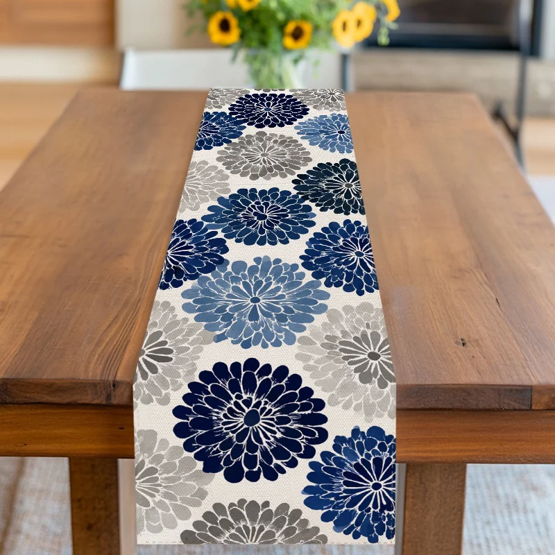 Elegant Blue Gray Floral Table Runner Durable Polyester Fabr