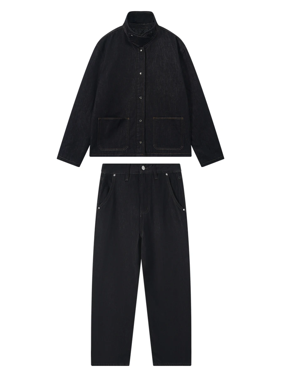 

IAMCPLUS 2025AW Thiened Cotton Insert Waed Denim Jaet And Plant Velvet Pants Women's Faion Set Casual Sle Long Sve