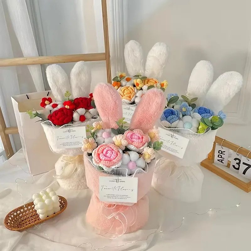 Cotton Rope Artificial Roses Bouquet Handmade Rabbit Ear Knitted Plush Flower Bundle Valentine Mothers' Day Birthday Gifts 1PC