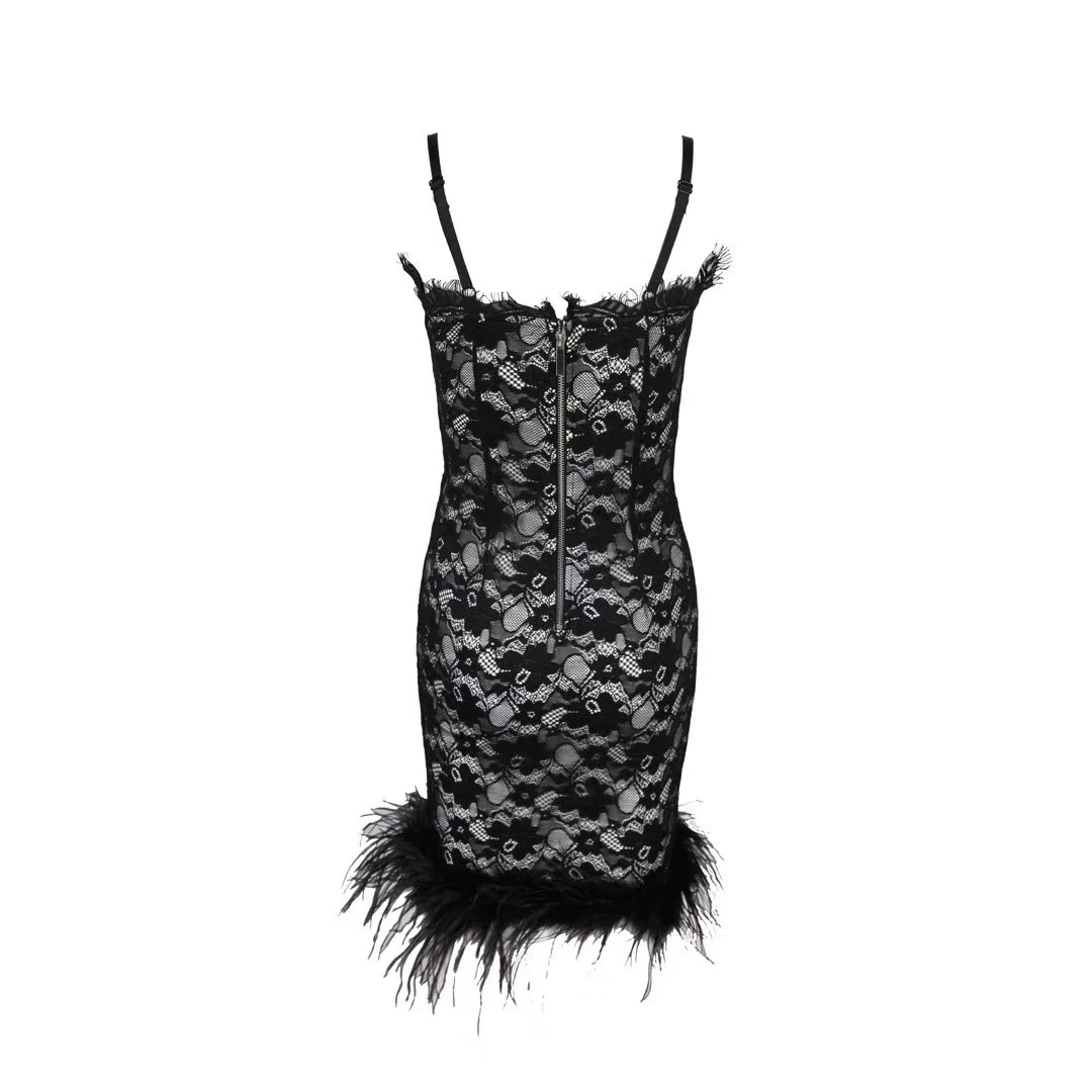 Neuer, heißer Online-Promi-Damen-Spitzen-Hosenträger-Kurzrock mit Federsaum, sexy Nachtclub-Cocktailkleid – GZXX1231