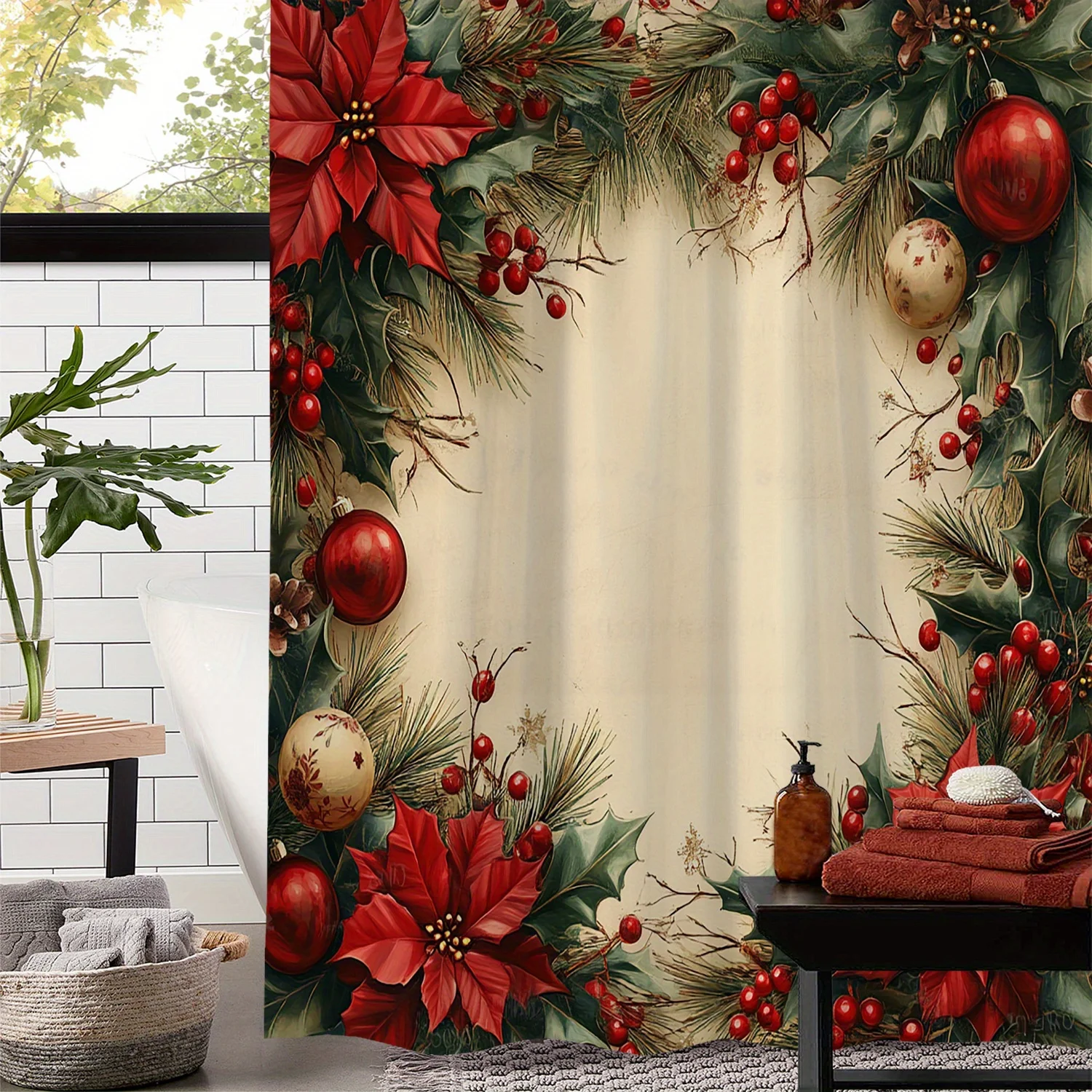 

Занавеска для душа с принтом рождественского шара из открытой сосны, оконная занавеска