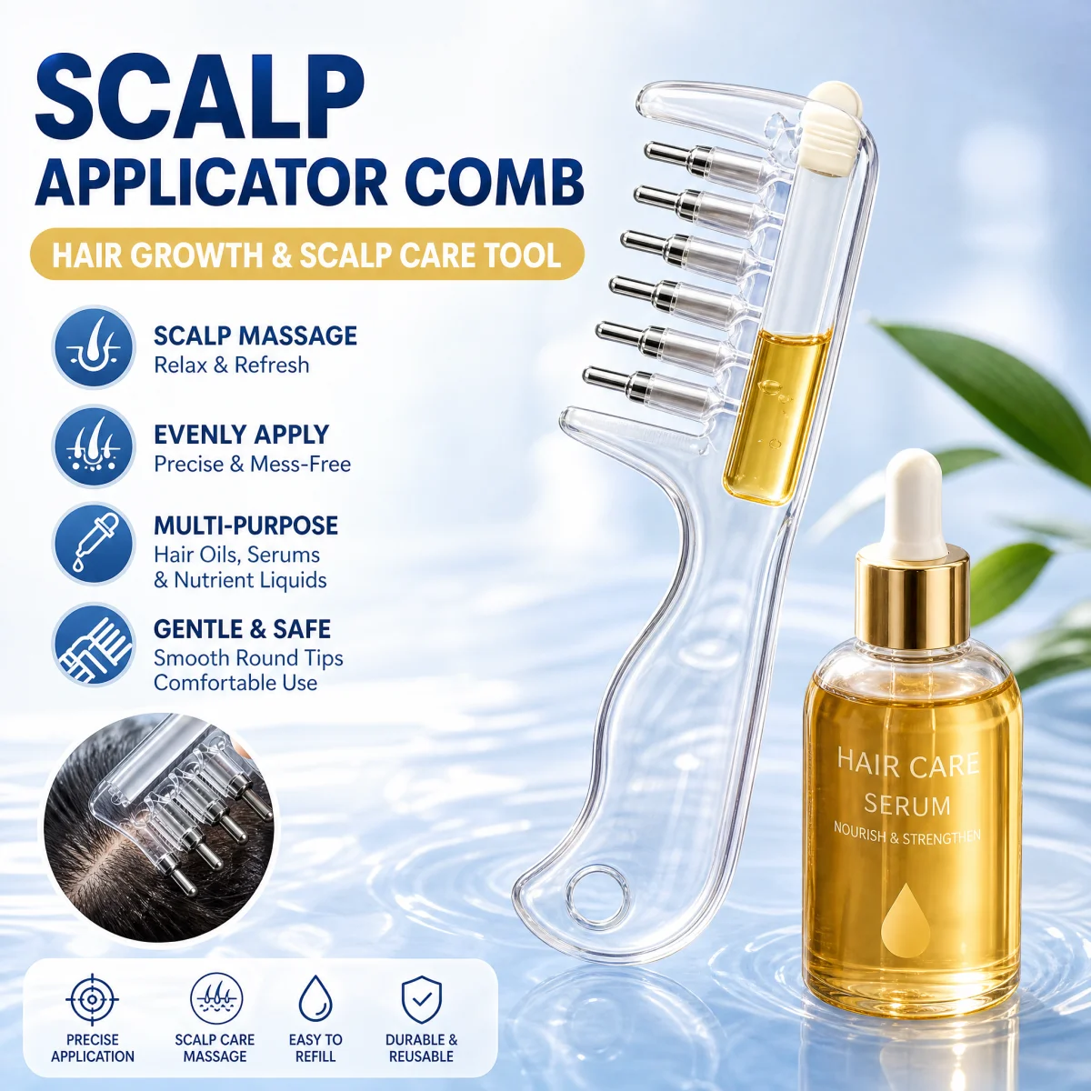 Essential Oil Applicator Massage Comb with Built-In Liquid Reservoir Rolling Metal Teeth For Scalp Hair Growth Hair Care Tool