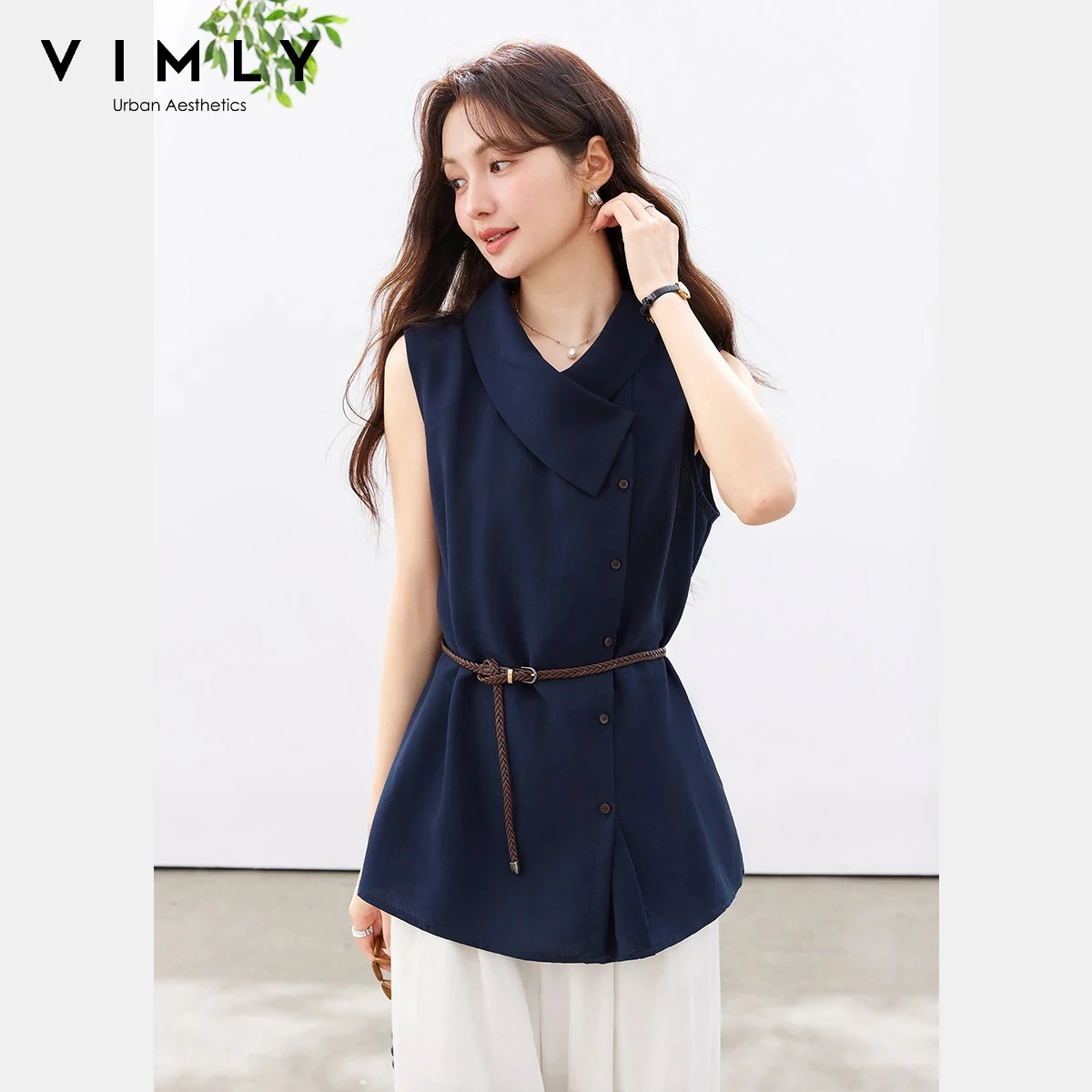 

VIMLY Women's Office Sleeveless Shirt 2026 Summer New French Asymmetrical Lapel Collar Detachable Belt Slim Casual Blouse 30985