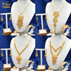 ANIID Dubai 24k Gold Color Necklace Set for Women Copper Drop Earrings Flower Pendant Jewelry Party Anniversary Accessories Gift