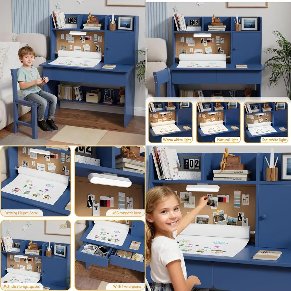 

Wooden Study Desk and Chair Set with Light, Paper Roll Rack, Storage Cabinet and Shelves for Kids