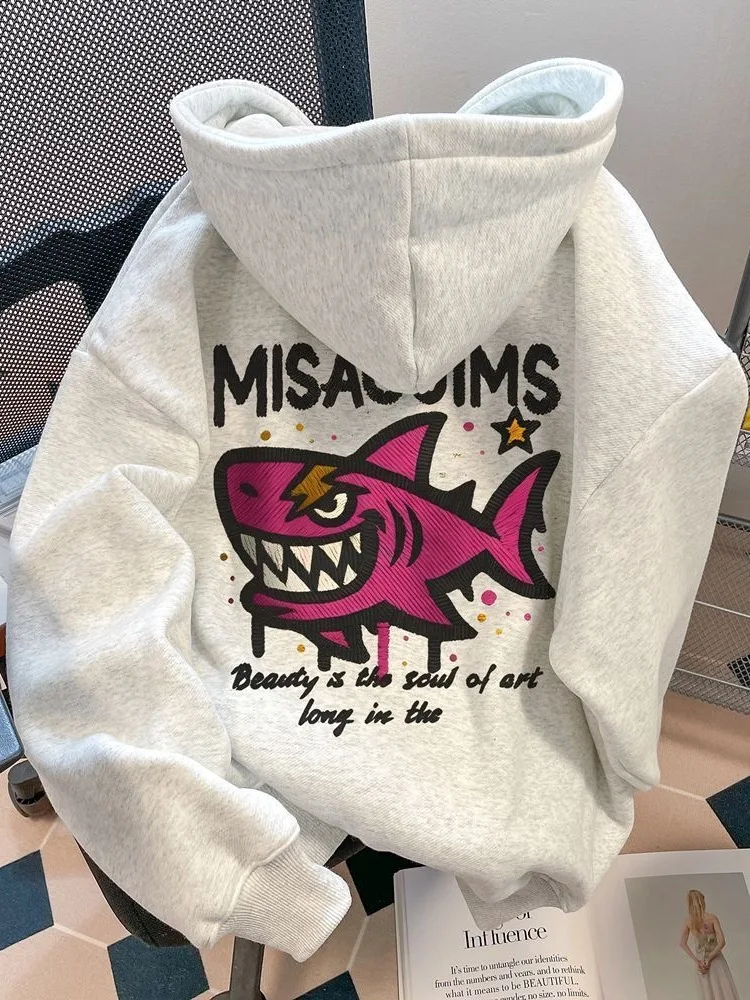 25 American Oversize Tide Brand High Street Shark Print Otoño Invierno suelta Casual deportes diarios cálido hombres mujeres Sudadera con capucha