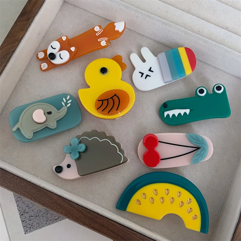 

Cute Small Acetate Animals Hairpins Cartoon Spliced Duck Hair Clip Funny Fox Watermelon Side Fringe Broken Hairpins Accessories