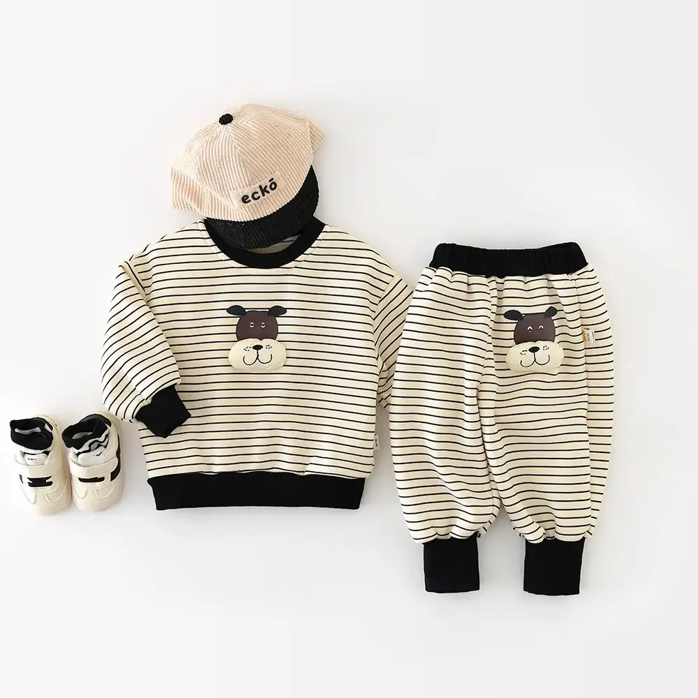

2025 Winter New Baby Plus Velvet Thick Clothes Set Boys Girls Fleece Sweatshirt + Pants 2pcs Suit Toddler Warm Striped Outfits