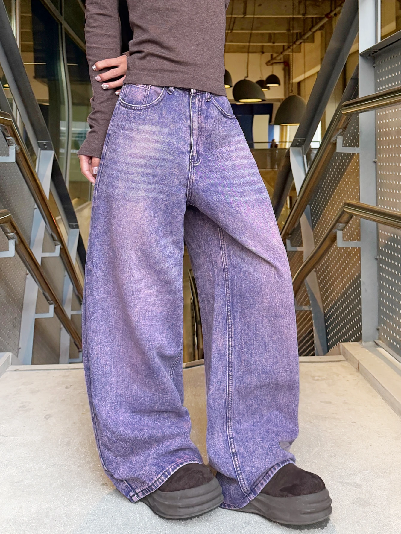 2026 New Distressed Wide-Leg Slim Purple Straight Design Women’s Jeans (Excluding Belt/Excluding Pendants)