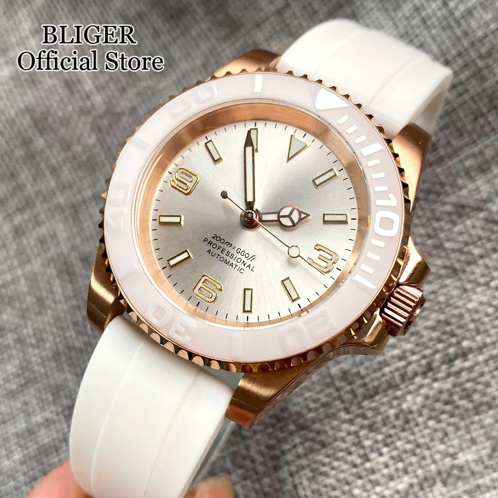 BLIGER Rose Gold NH35A PT5000 40mm Automatic Dive Watch Men Sapphire Glass Ceremic Insert White Rubber Strap Folding Buckle