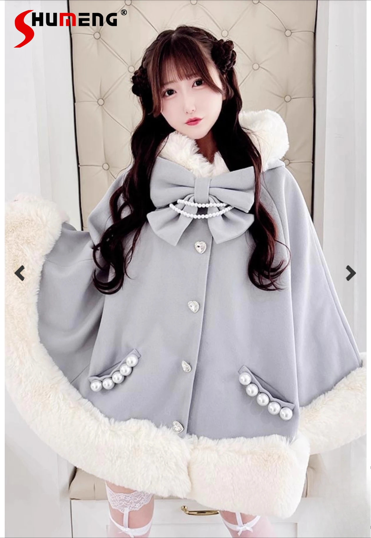 

Japanese Style Elegant Socialite Fluffy Cape Coat Hooded Single-Breasted Versatile Sweet Lolita Cloak Women Winter Short Jacket