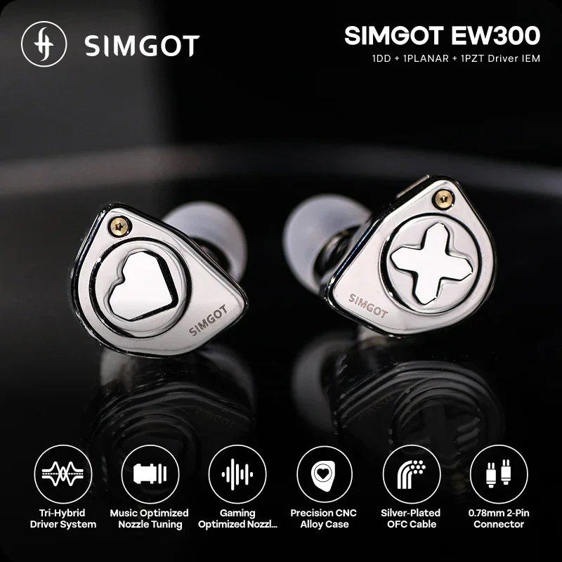 イヤホン SIMGOT EW300 SIMGOT EW300 Hybrid IEM Earphones 1DD+1Planar+1PZT Silver-Plated OFC