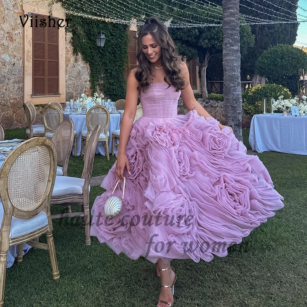 Viisher-Bebê Rosa Strapless Organza Vestidos de noite, Prom Dresses, A Linha Party Dress, Comprimento do tornozelo, Comemorar Vestidos do Evento, Lace Up Back