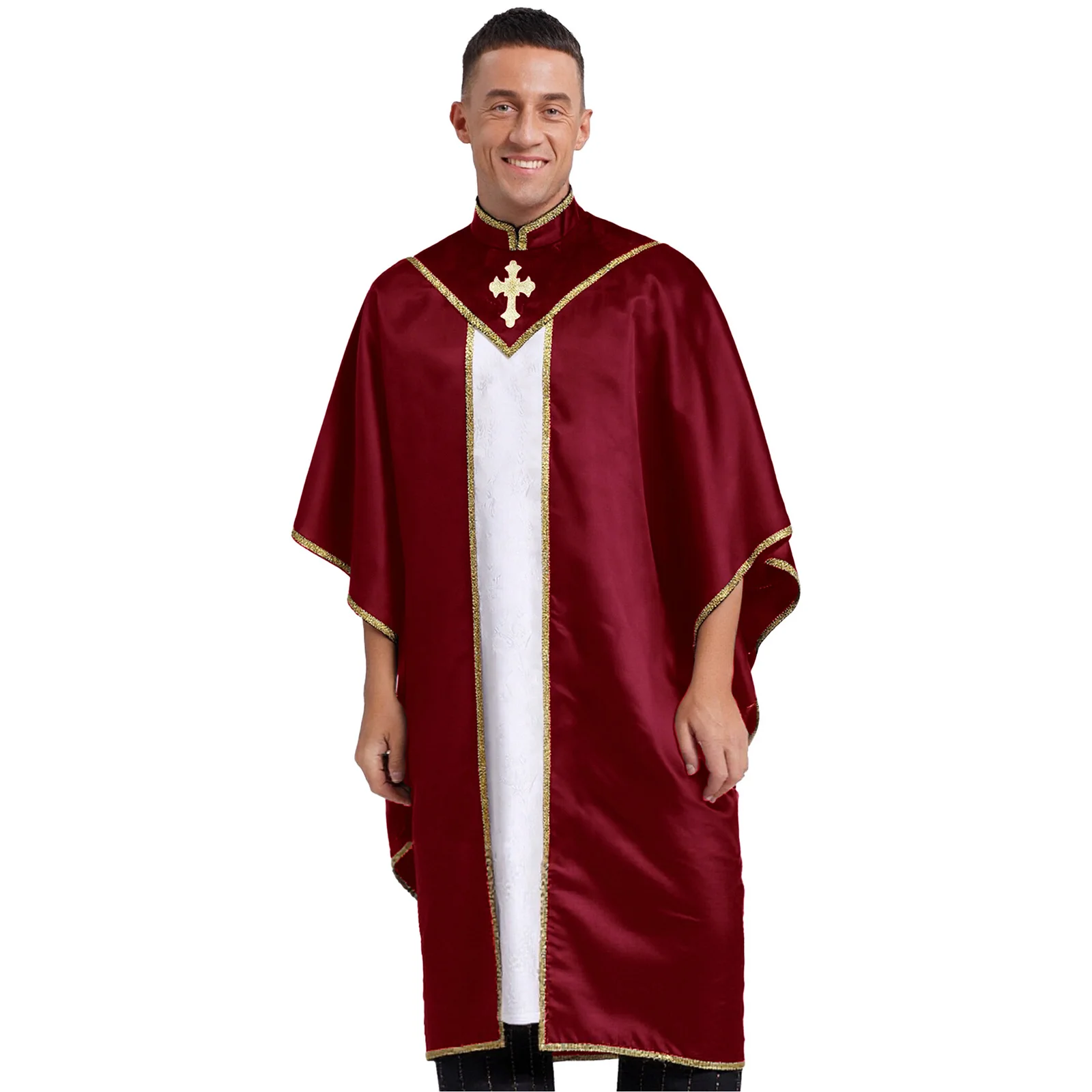 رجل القس الكاهن سترة الذهب تقليم التباين بلوفر ملون كيب Chasuble كاسوك للكنيسة رجال الدين هالوين أداء رداء