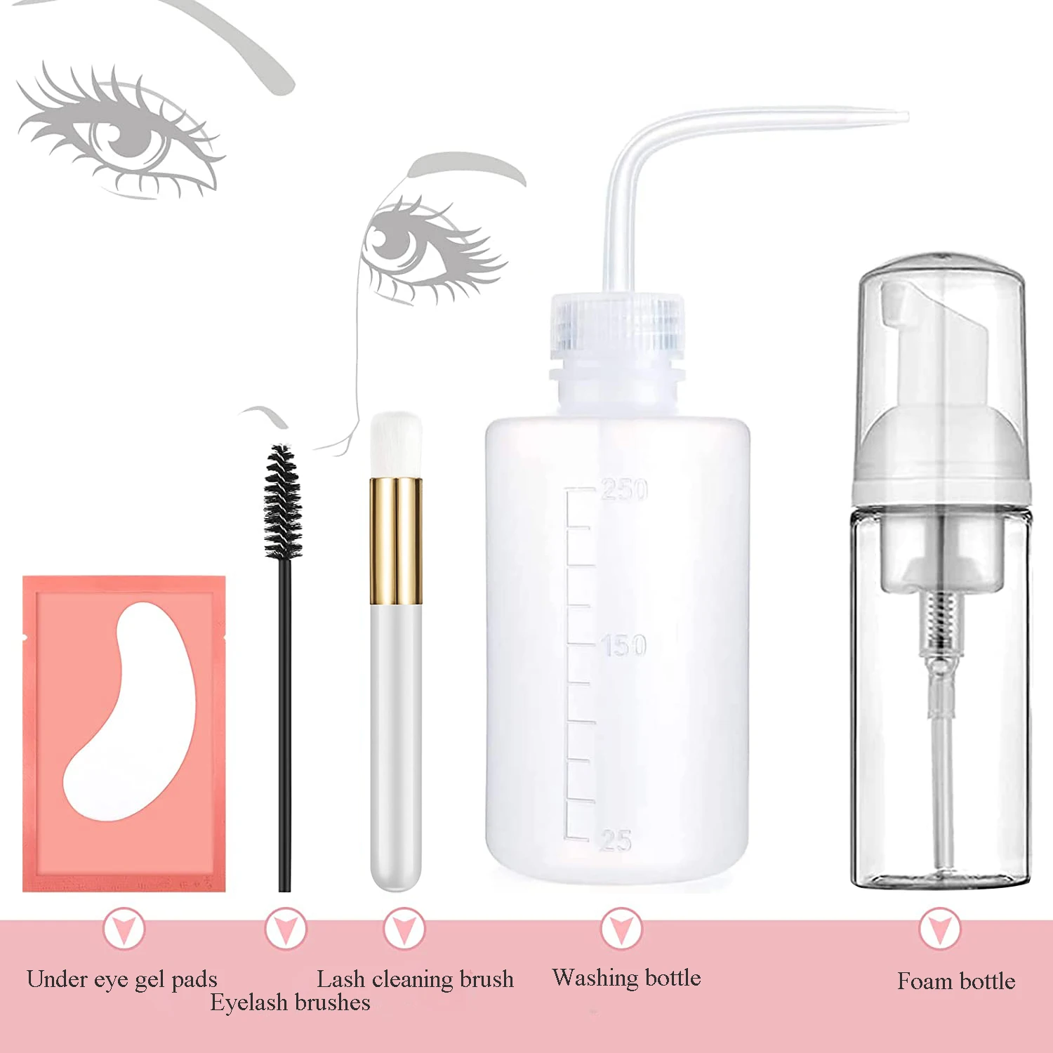 Eyelash Extension Cleaning Kit Lash Shampoo Brush Soap Foam Washing Bottle Mascara Wands Eyelash Gel Pads for Salon Supplies