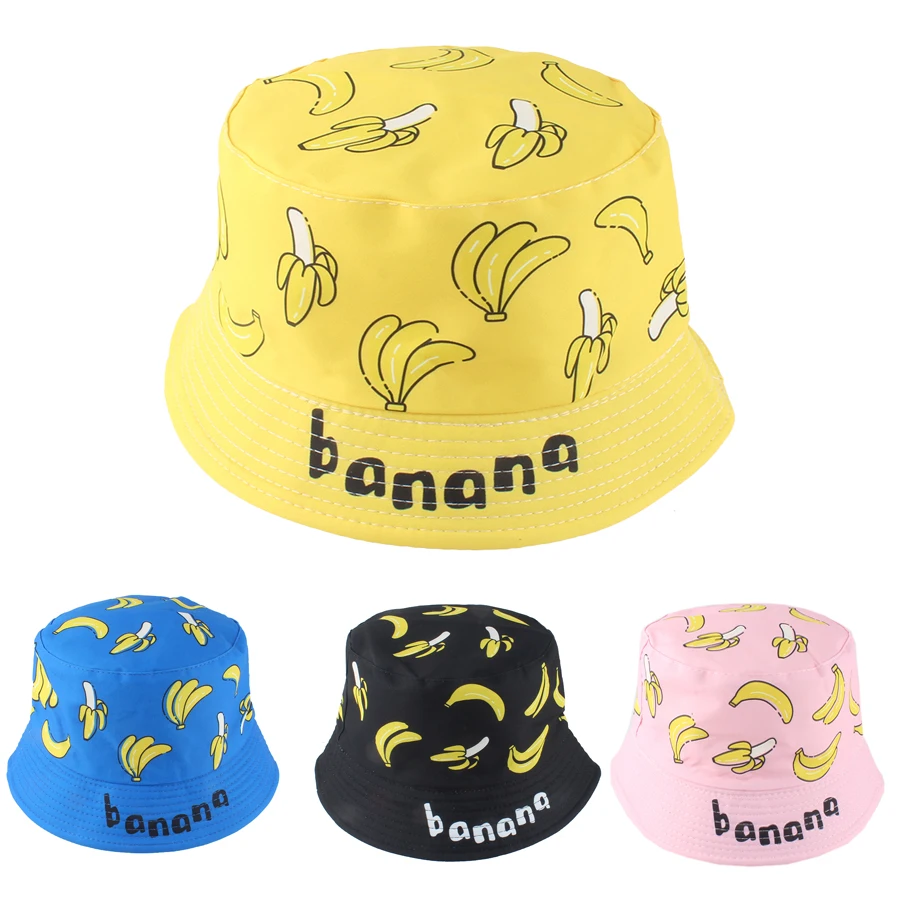 Children Summer Fisherman Hat Cute Banana Print Cotton Bucket Hat Baby Foldable Cartoon Fruit Sun Hats For Kids Panama Caps