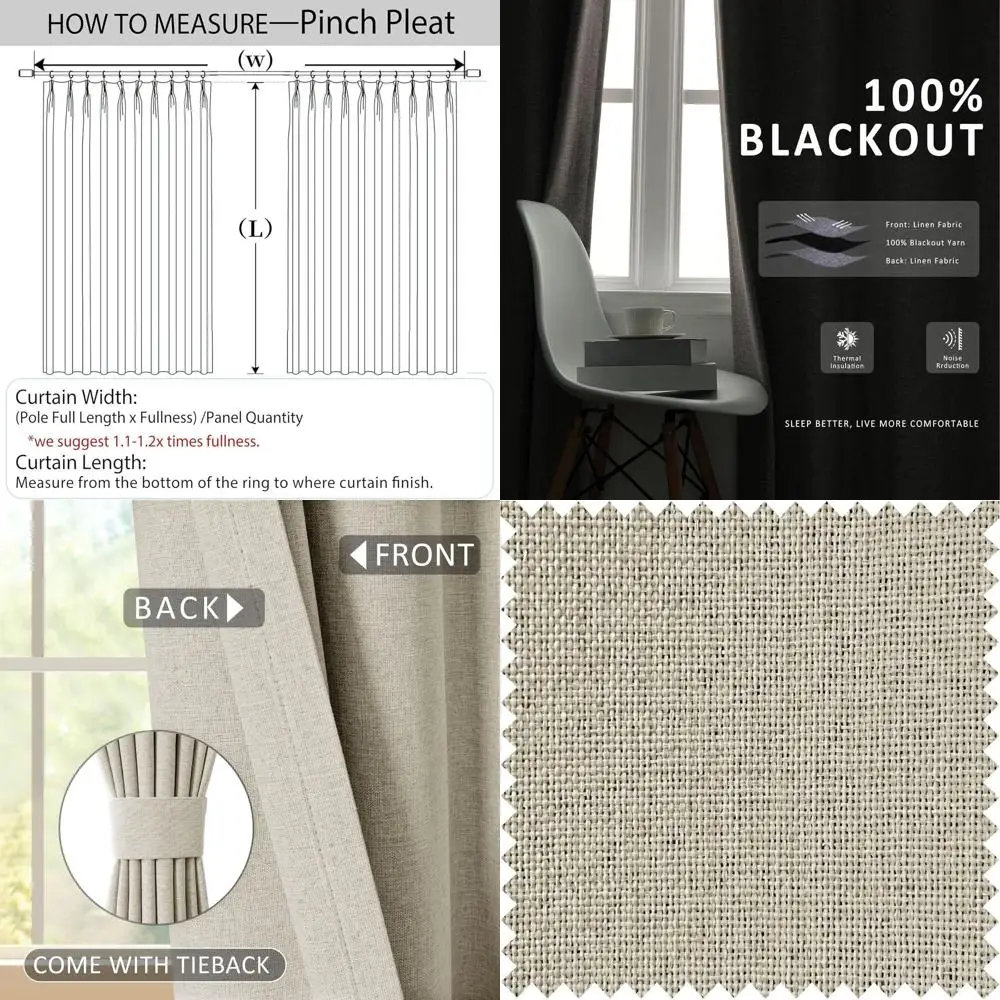 

Ivory White 100% Light Blocking Linen Curtains, 52W x 108L, Pinch Pleated with Tieback for Living Room, Bedroom, and Nursery