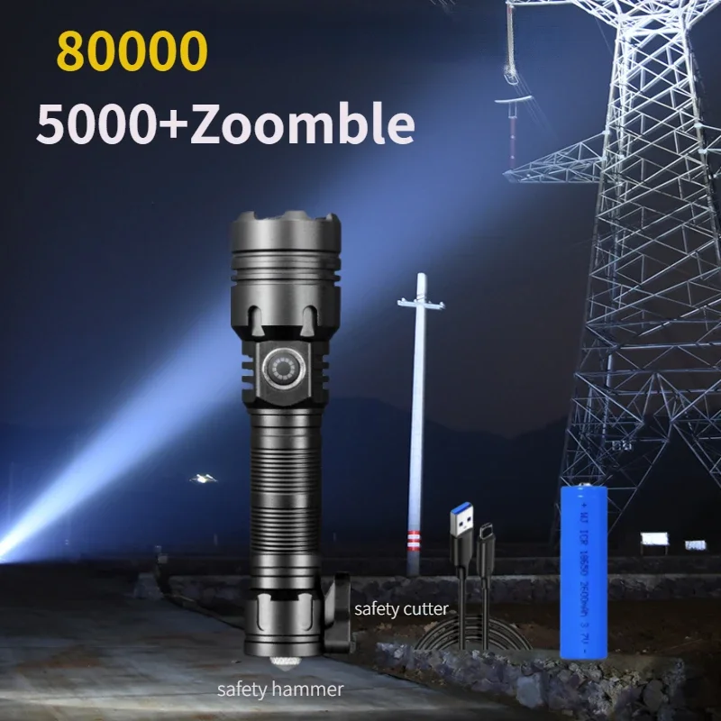 Multi-Functional Outdoor Strong Light LED Long-range Telescopic Zoom Flashlight, Aluminum alloy USB Rechargeable Flashlight