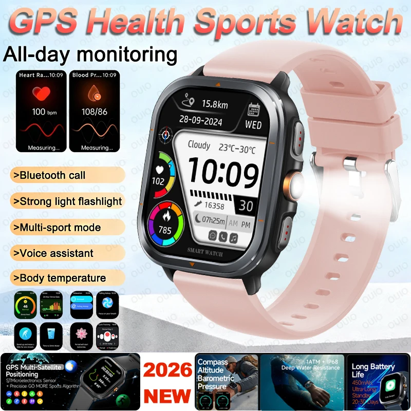 

Новые GPS-смарт-часы для здоровья и спорта, мониторинг здоровья, IP68, водонепроницаемый фонарик, компас, высотомер, барометрические BT-вызовы, умные часы