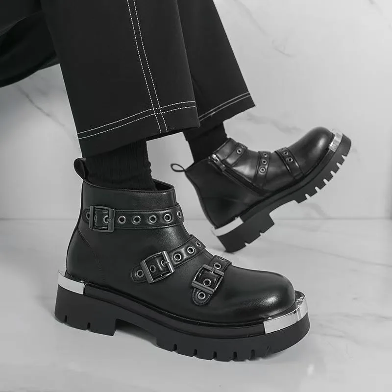 Fashion Black Men's High Top Multi Functional Casual Shoes with Rivet Metal Decoration Ankle Boots Business Motorcycle Boots