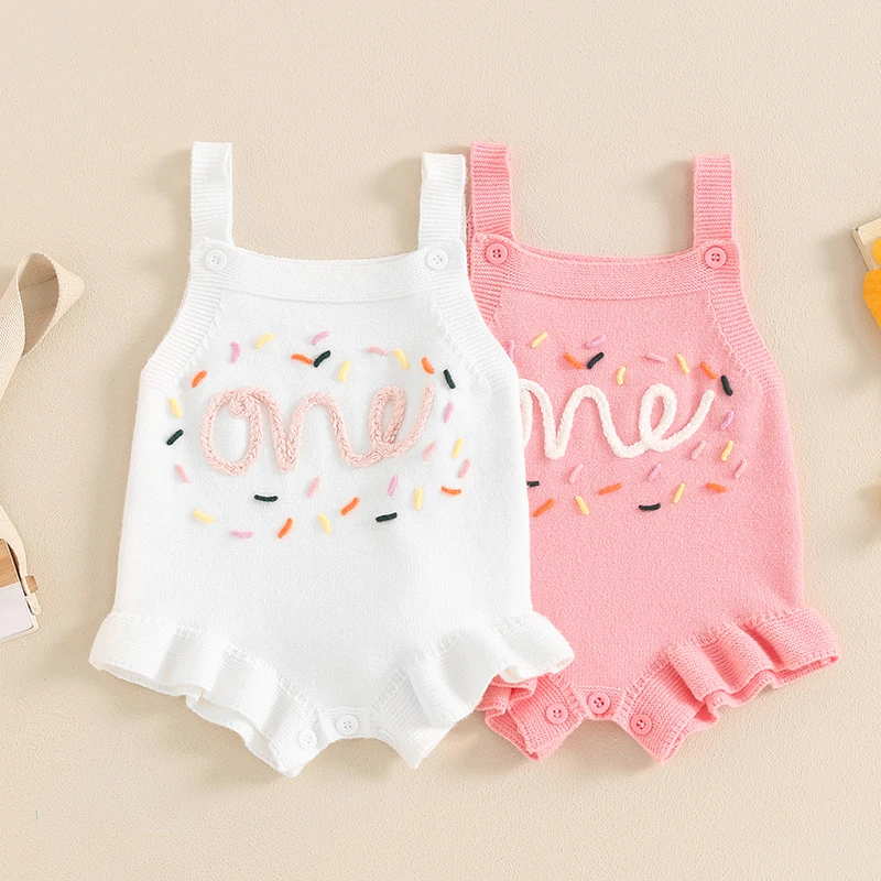 

Suefunskry Baby Girl Knit Birthday Overalls Romper Casual Summer Number Embroidery Sleeveless Jumpsuit for Newborn Cute Clothes