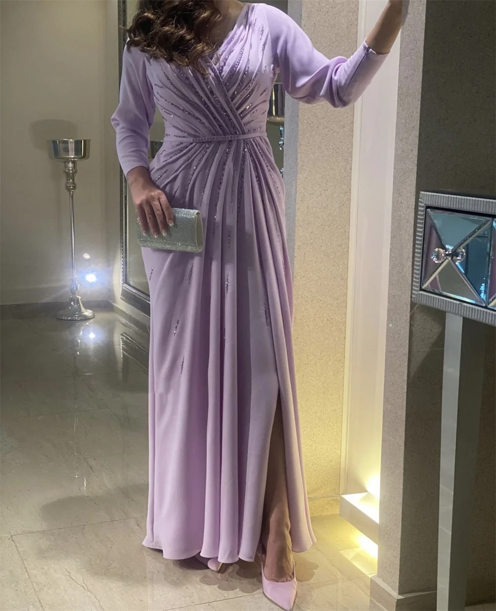 Annie Purple Long Sleeves Prom Dress Dubai Arab Ladies Evening Dresses Luxury Sequins Elegant Lady Party Dresses فساتين طويلة