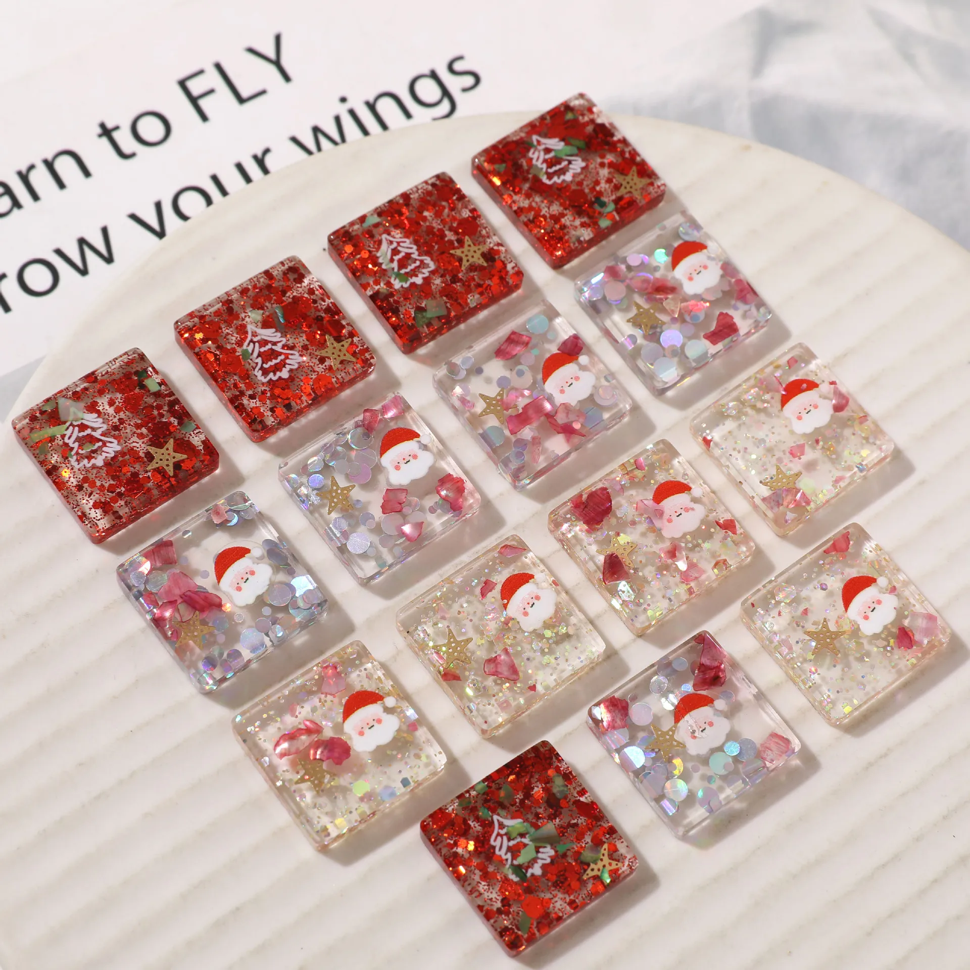 25mm 40pcs Glitter Red Icy Christmas Style Geometry Square Cube Christmas Style Resin Cabochon Cameo Patch Sticker 40pcs 25*25mm